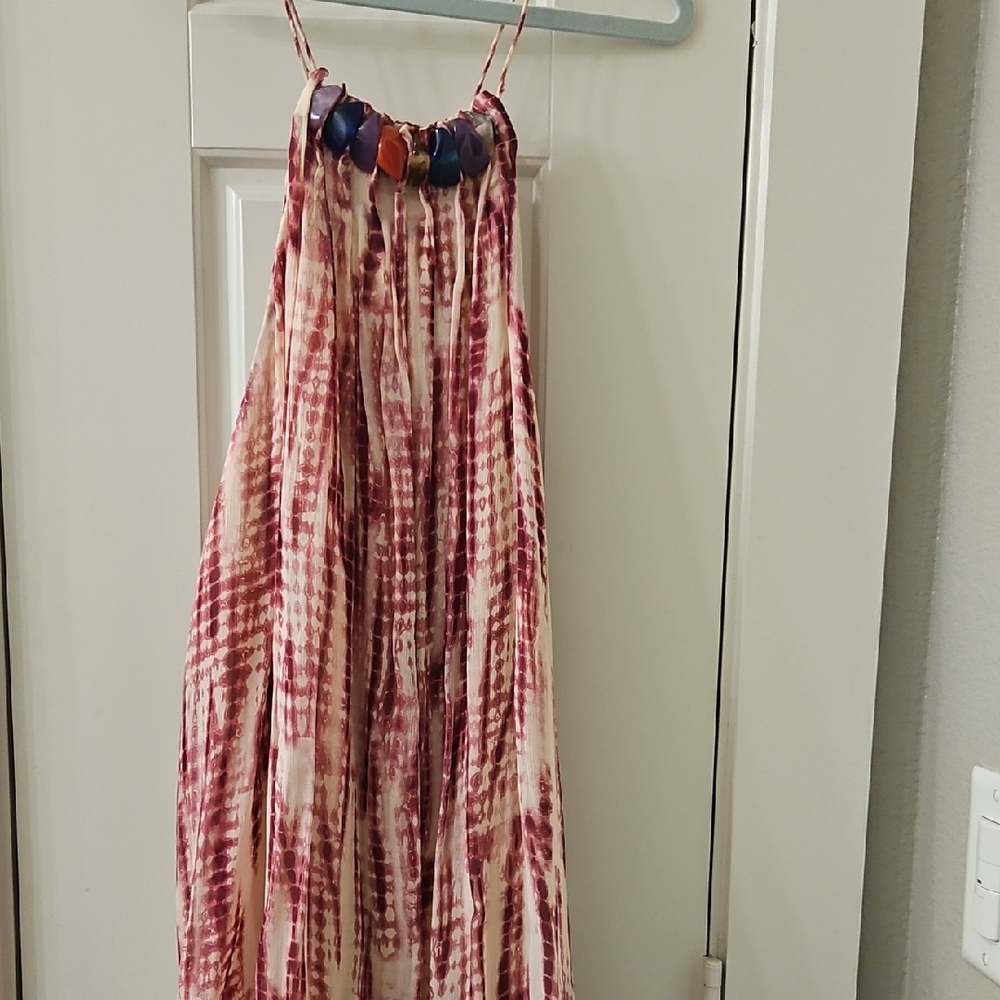 Tie-Dye Maxi Dress with Beaded Neckline